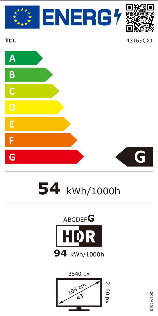 108cm/43" (3840x2160) TCL 43T69C 16:9 LED 60Hz 3x HDMI 1x USB LAN WLAN Google TV Dolby Audio HDR10 Black