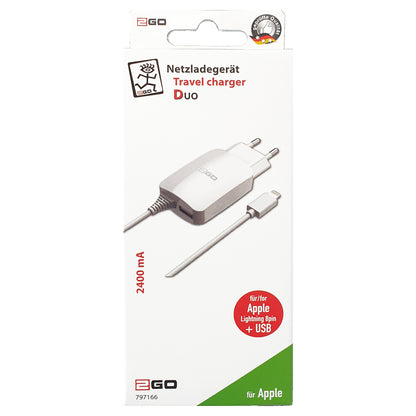 2GO Ladegerät 12W Lightning + 1x USB, Kabel 1,4m, weiß