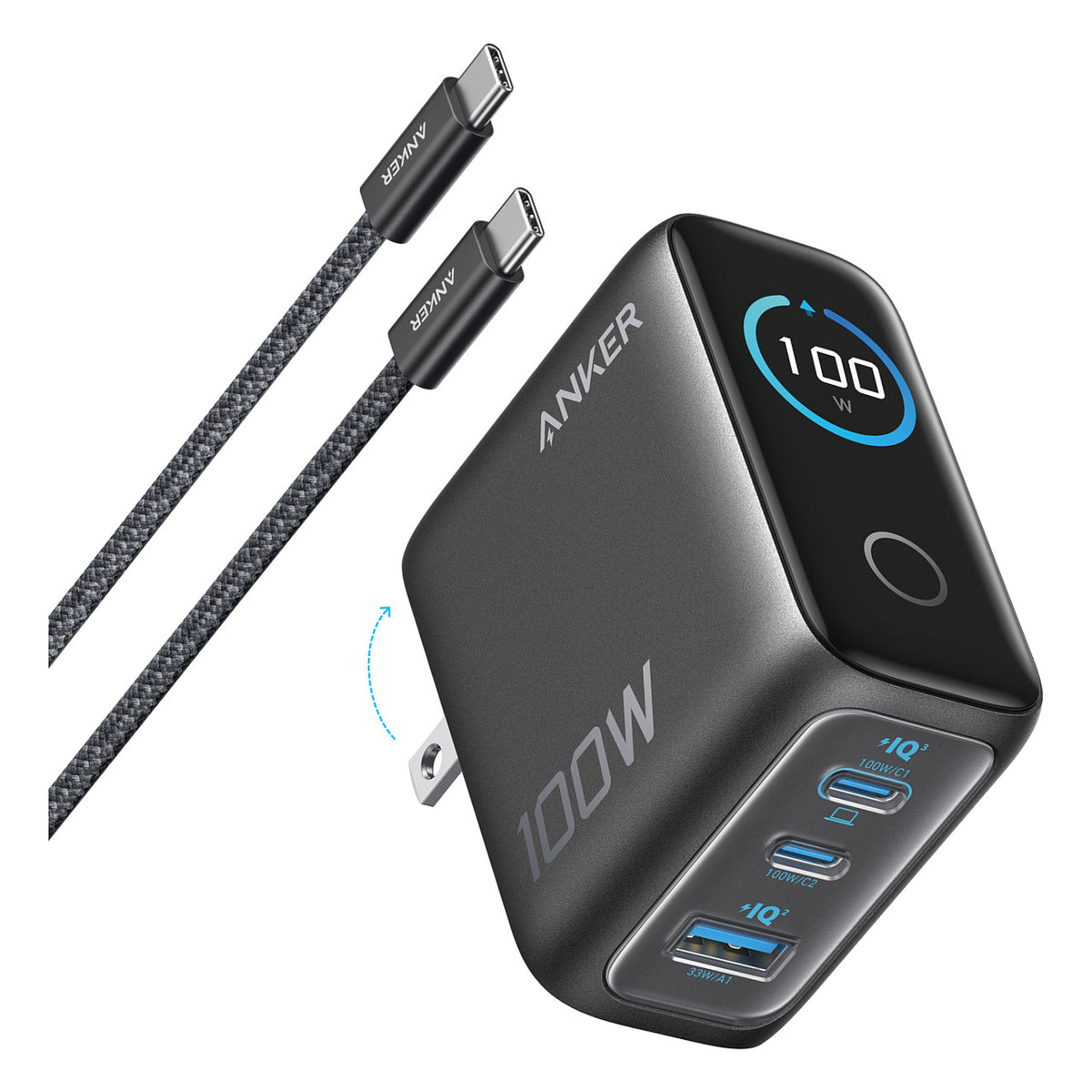 ANKER Charger 100W inkl. Display 2x USB-C 1x USB-A grey