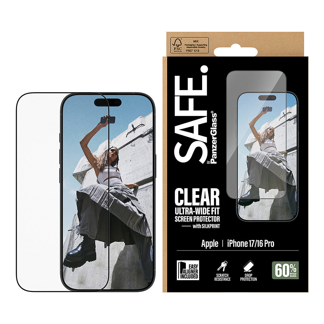 Panzerglass SAFE. by PanzerGlass Screen Protector w. Black Frame iPhone 17 | iPhone 16 Pro | Ultra-Wide Fit w. EasyAligner