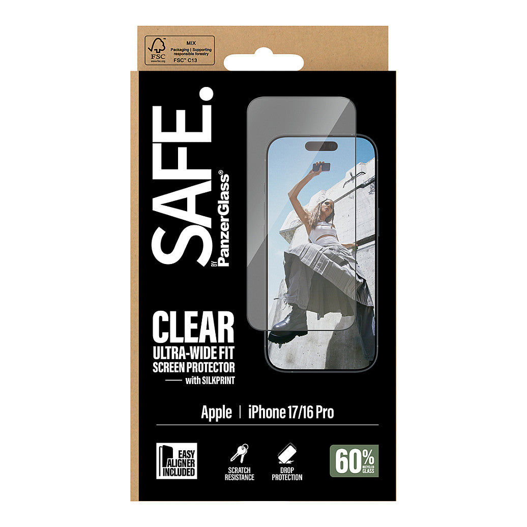 Panzerglass SAFE. by PanzerGlass Screen Protector w. Black Frame iPhone 17 | iPhone 16 Pro | Ultra-Wide Fit w. EasyAligner