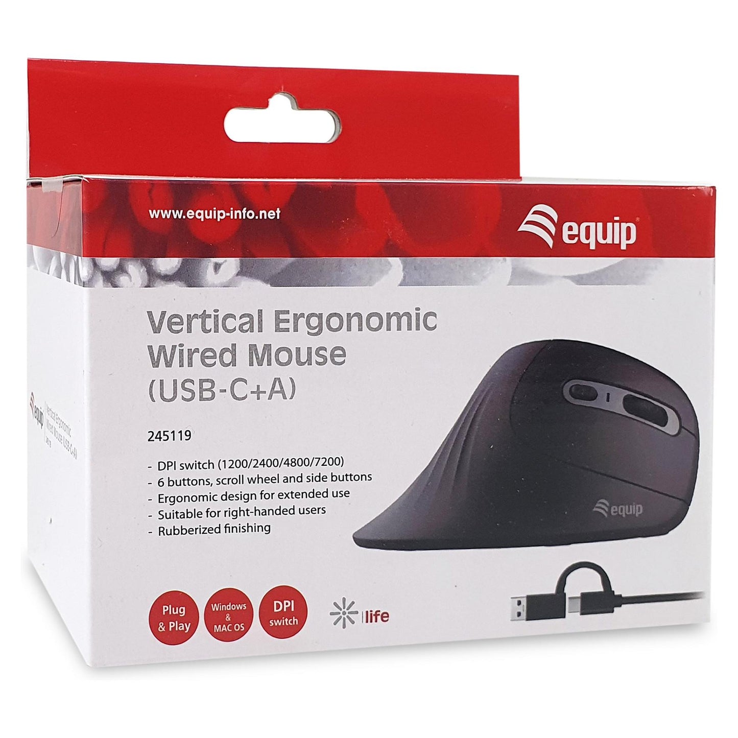 Equip Ergonomische Maus USB-A/-C Stker 1.80m Rechts schwarz