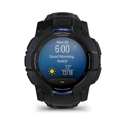 Garmin Instinct® AMOLED black mit Silikon-Wechselarmband 26 mm bolt blue