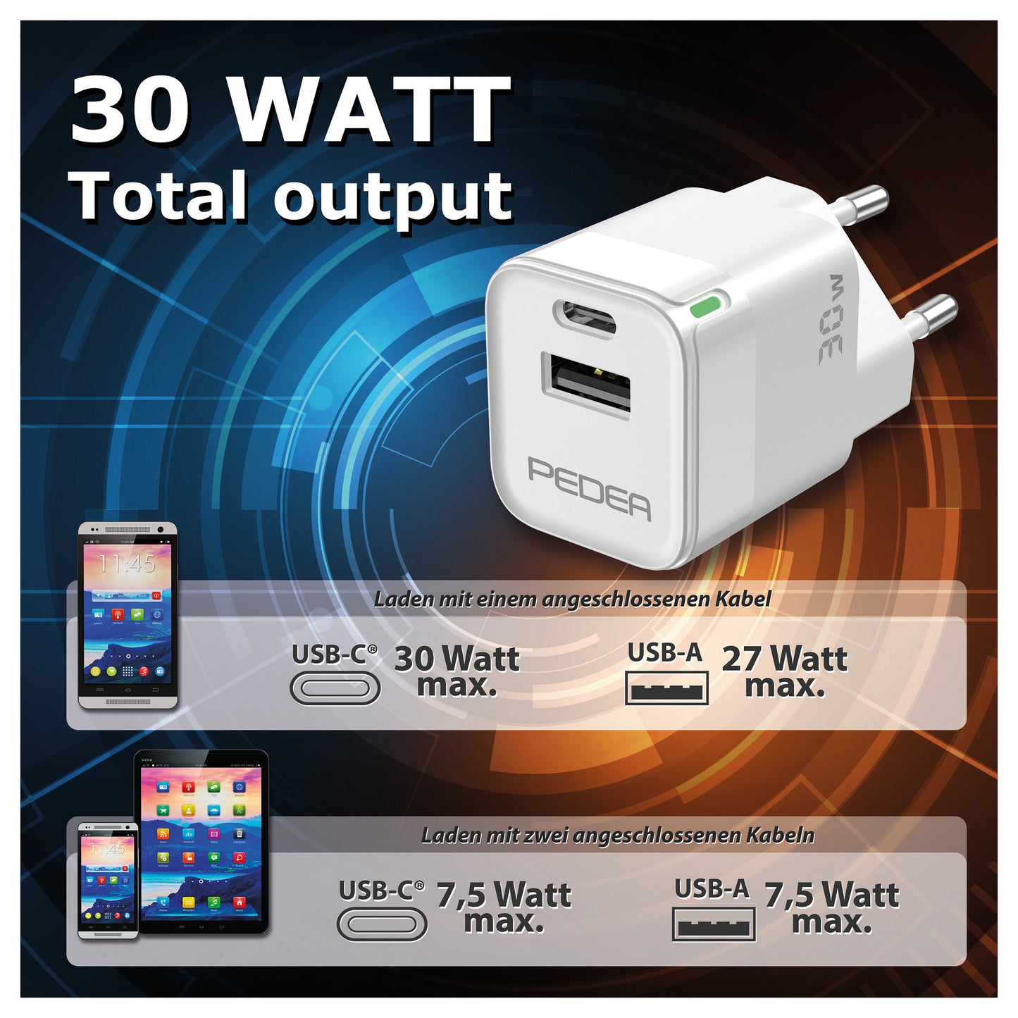 PEDEA 30W USB-C (PD) Schnellladegerät - 2-Ports Mehrfach Handy-Ladegerät mit USB-C und USB-A, weiß