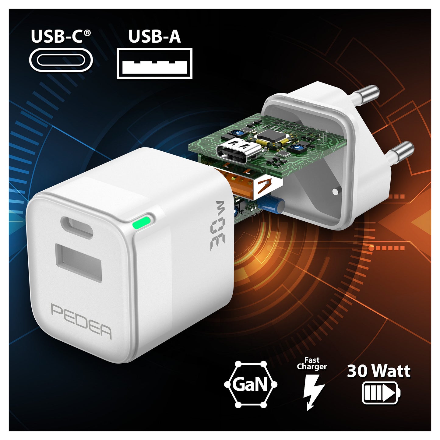 PEDEA 30W USB-C (PD) Schnellladegerät - 2-Ports Mehrfach Handy-Ladegerät mit USB-C und USB-A, weiß