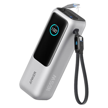 ANKER PowerBank 25.000mAh 165W 3x 100W USB-C 1x USB-A Smart Display zwei integrierte Ladekabel silber