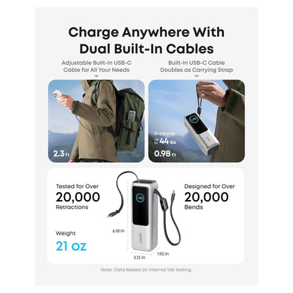 ANKER PowerBank 25.000mAh 165W 3x 100W USB-C 1x USB-A Smart Display zwei integrierte Ladekabel silber