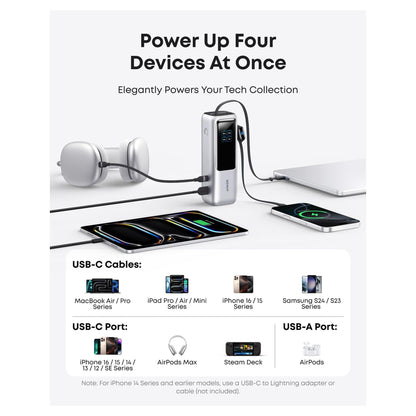 ANKER PowerBank 25.000mAh 165W 3x 100W USB-C 1x USB-A Smart Display zwei integrierte Ladekabel silber