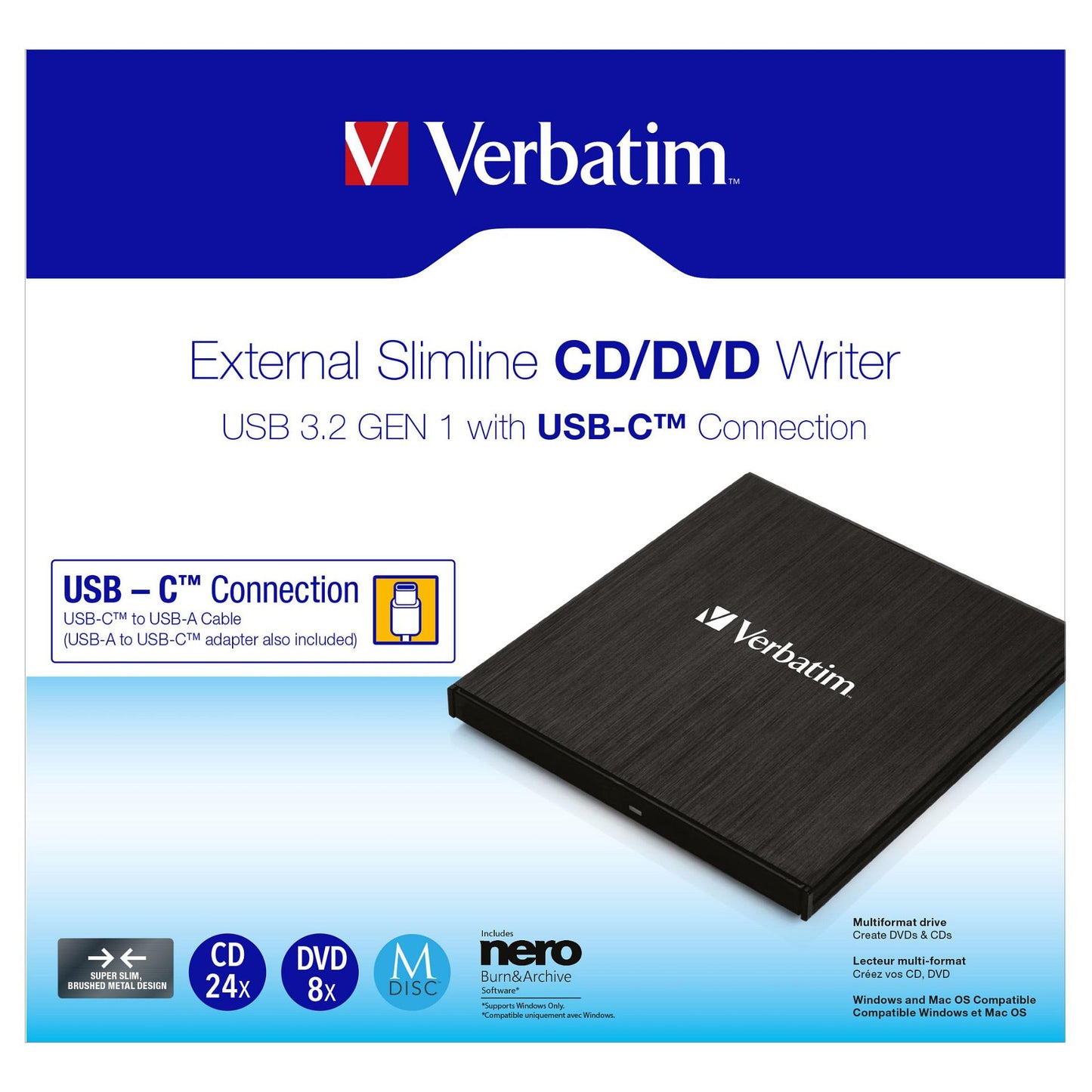 Verbatim Externer Slimline CD/DVD-Brenner mit USB-C-Anschluss