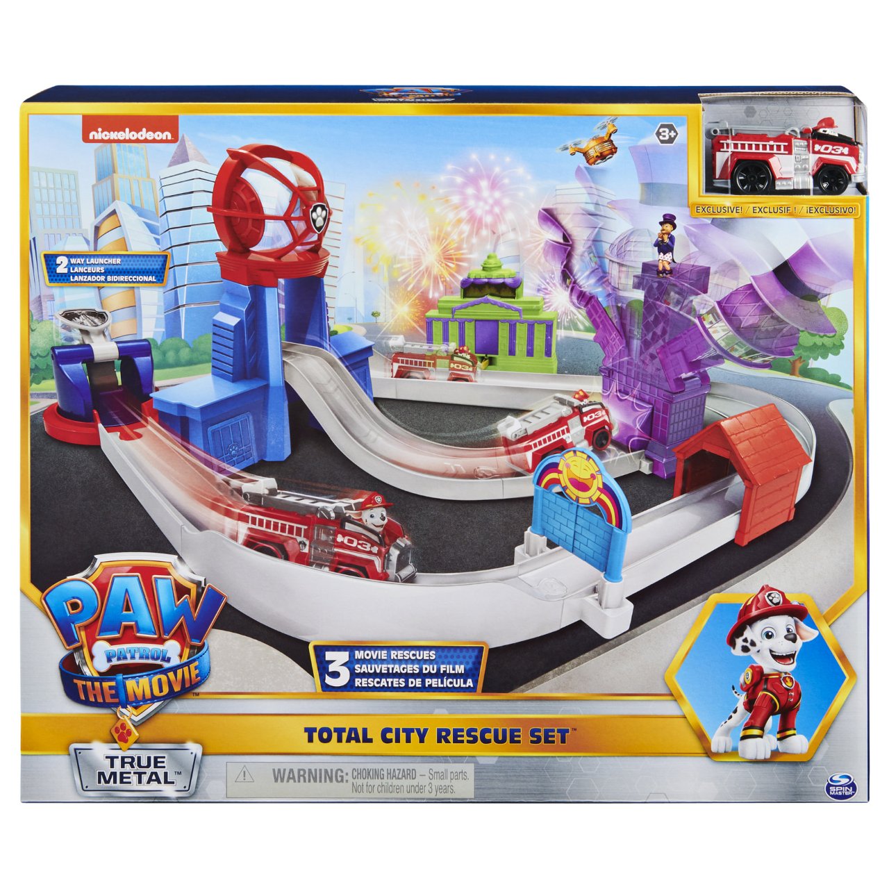 Spinmaster Paw Patrol, True Metal Total City Rescue Movie Rennstrecken-Set (mit exklusivem Marshall-Fahrzeug)