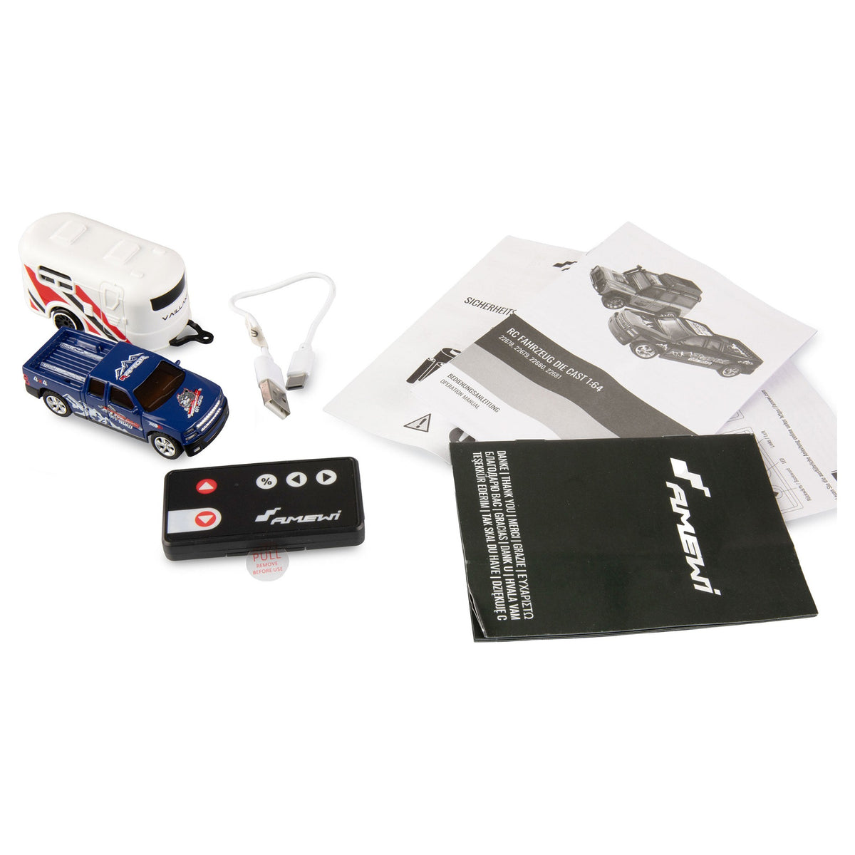 Amewi RC Pickup Die Cast mit Wohnwagen 1:64 RTR blau 6+