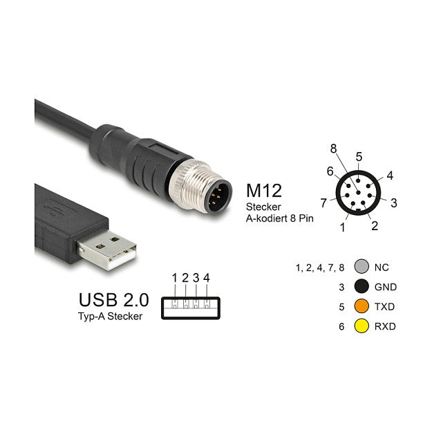 M12 Serielles Anschlusskabel mit FTDI Chipsatz, USB 2.0 Typ-A Stecker zu M12 RS-232 Stecker A-kodiert 8 Pin 1,8 m schwarz
