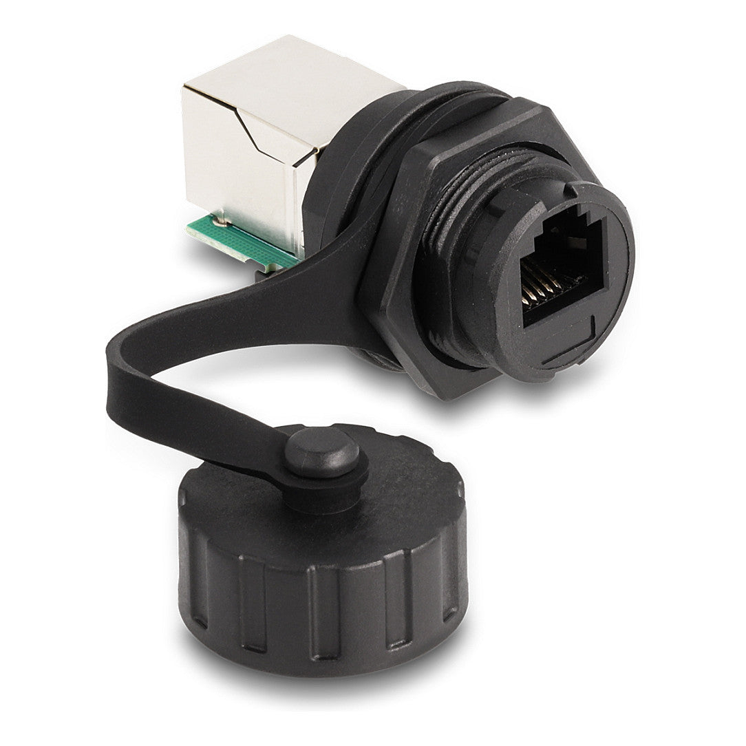 Kabelverbinder RJ12 Buchse zu RJ12 Buchse zum Einbau mit Verschlusskappe IP68 staub- und wasserdicht schwarz