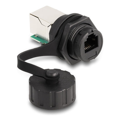 Kabelverbinder RJ12 Buchse zu RJ12 Buchse zum Einbau mit Verschlusskappe IP68 staub- und wasserdicht schwarz