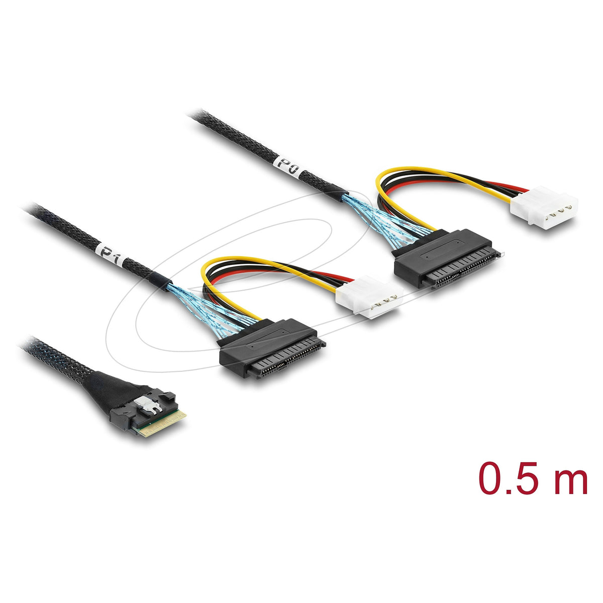 PCIe 4.0 Kabel Slim SAS SFF-8654 8i zu 2 x U.2 SFF-8639 Buchse + Stromanschluss 0,5 m