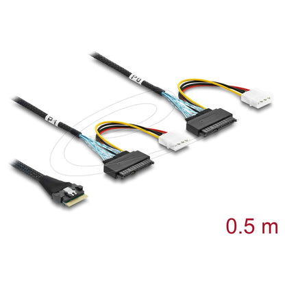 PCIe 4.0 Kabel Slim SAS SFF-8654 8i zu 2 x U.2 SFF-8639 Buchse + Stromanschluss 0,5 m
