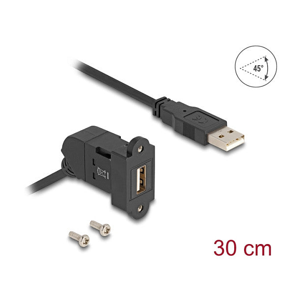 Keystone Modul USB 2.0 Typ-A Einbaubuchse 45° gewinkelt zu Typ-A Stecker mit 30 cm Kabel schwarz