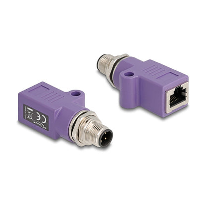 M12 Adapter D-kodiert 4 Pin Stecker zu RJ45 Buchse Cat.5e mit Befestigungsloch gerade violett