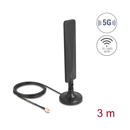 5G LTE Antenne SMA Stecker 3 dBi omnidirektional mit Anschlusskabel RG-174 3 m mit Kippgelenk mit magnetischem Standfuß schwarz