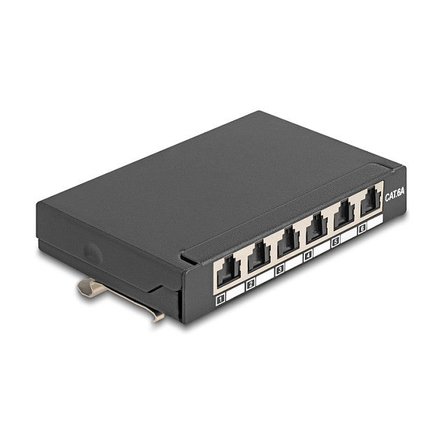 Mini Desktop Patchpanel RJ45 Buchse 6 Port Cat.6A geschirmt schwarz - zur Montage an Tisch, Wand oder Hutschiene