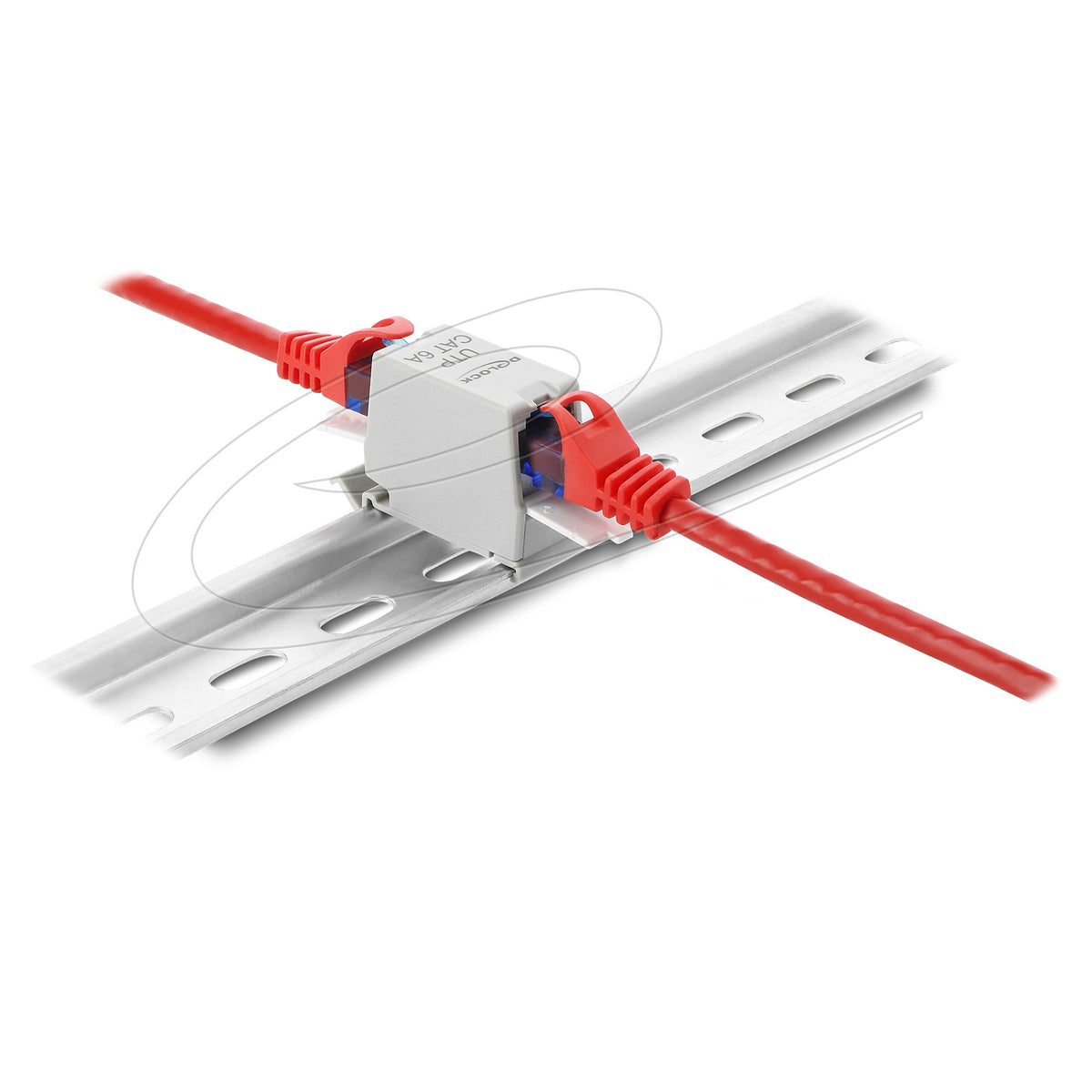 RJ45 Kupplung Cat.6A Buchse zu Buchse mit Staubschutzklappe für Hutschienen Montage ungeschirmt grau / weiß