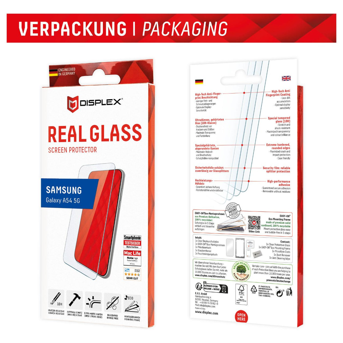 DISPLEX Panzerglas 2D/ Clear (10H) für Samsung Galaxy A54 5G Eco-Montagerahmen, Tempered Glas, kratzer-resistente Schutzfolie, hüllenfreundlich