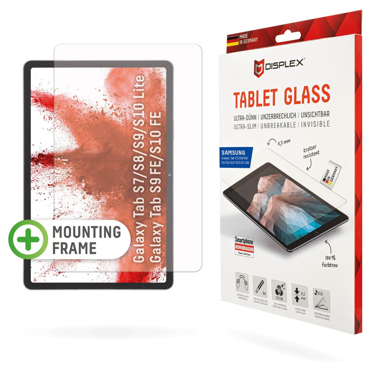 DISPLEX Tablet Glass (9H) Samsung Tab S8/S9/S9FE/S10FE/S10 Lite Eco-Montagerahmen L-Form, unzerbrechlich, ultra-dünn, unsichtbar