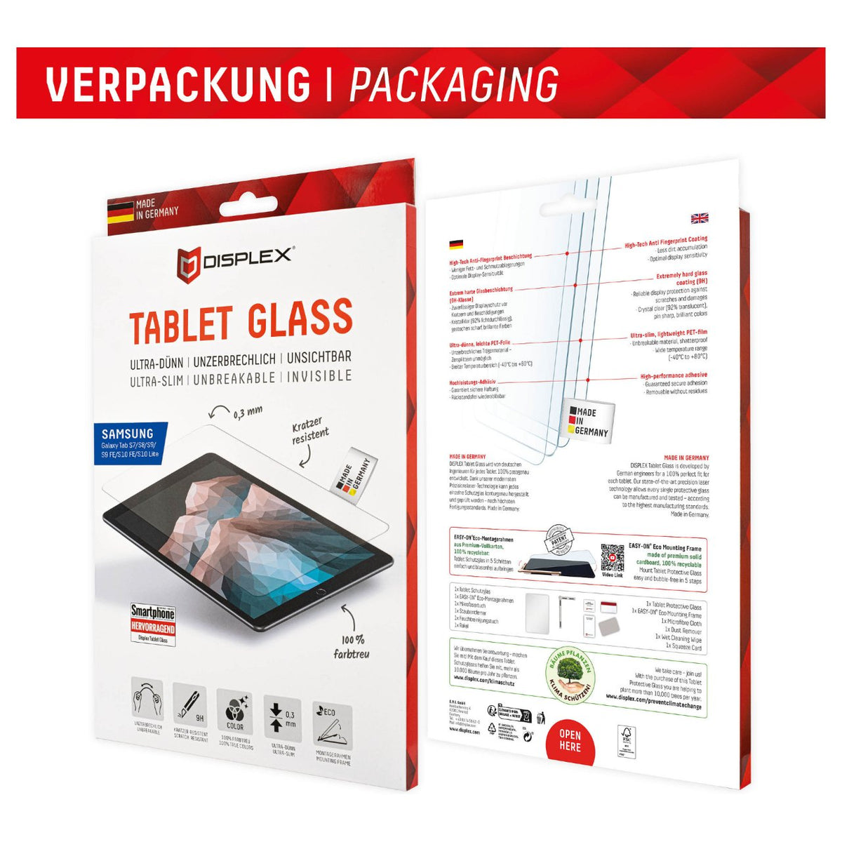 DISPLEX Tablet Glass (9H) Samsung Tab S8/S9/S9FE/S10FE/S10 Lite Eco-Montagerahmen L-Form, unzerbrechlich, ultra-dünn, unsichtbar