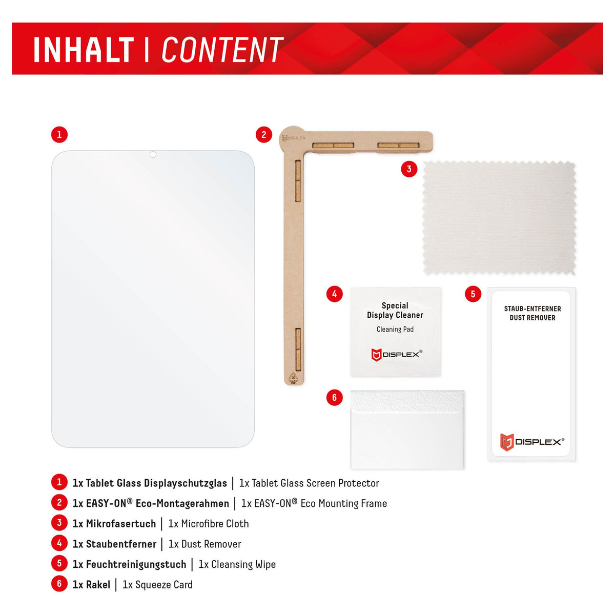 DISPLEX Tablet Glass (9H) Samsung Tab S8/S9/S9FE/S10FE/S10 Lite Eco-Montagerahmen L-Form, unzerbrechlich, ultra-dünn, unsichtbar