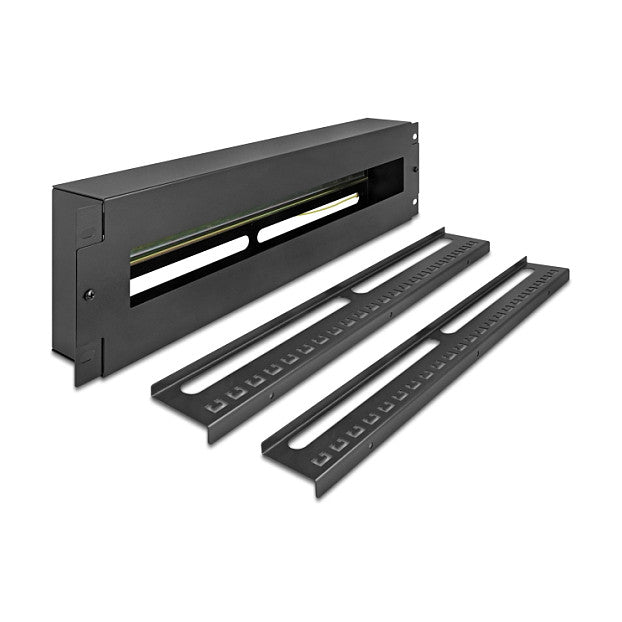 19" Schutzschalterleiste mit Abdeckung und Hutschiene inklusive 2 x Kabelzugentlastungsschiene 3 HE Metall schwarz