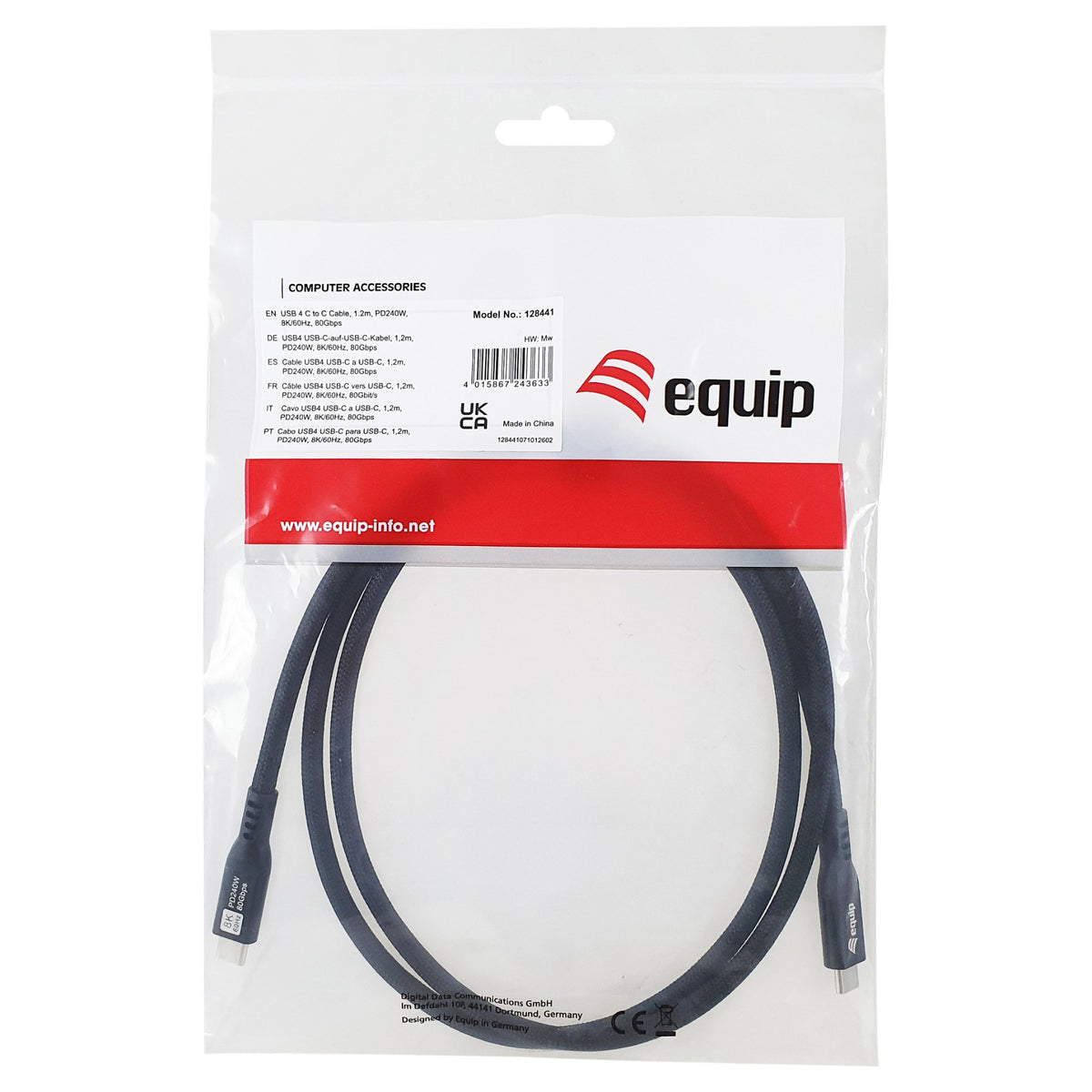 Equip Kabel USB-C4.0->C 80Gbps PD240W St/St 1.20m schwarz