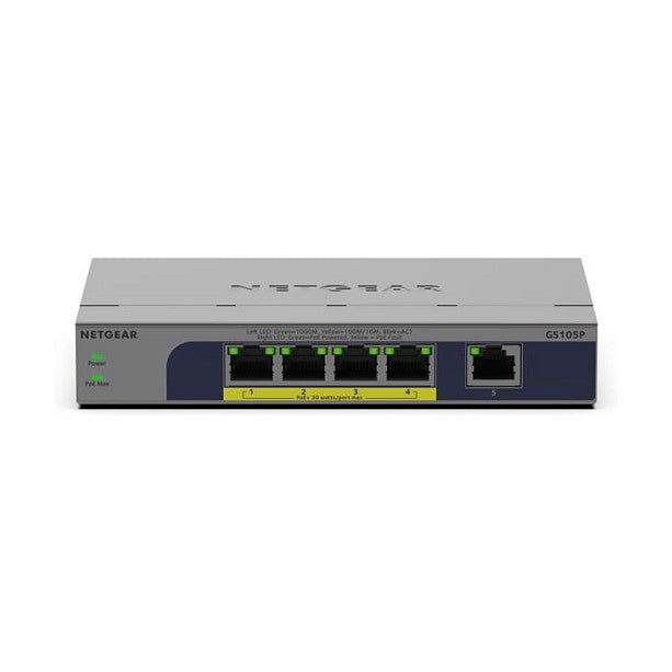 NETGEAR GS105P - Switch - unmanaged - 1 x 10/100/1000 + 4 x 10/100/1000 (PoE+) - Desktop, wandmontierbar - PoE+ (63 W)
