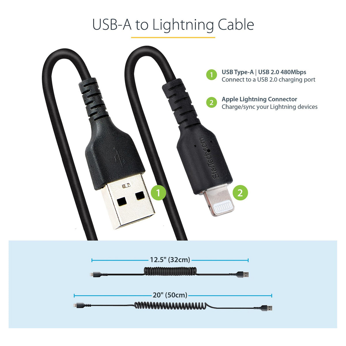 STARTECH.COM 50cm USB auf Lightning Kabel Spiralkabe MFi zertifiziert Schnellladekabel fr iPhone/iPad Schwarz USB 2.0 Kabel