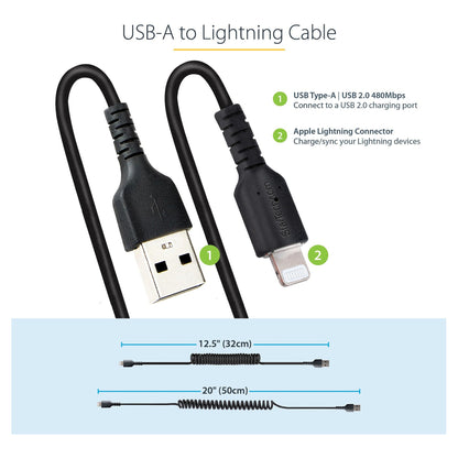 STARTECH.COM 50cm USB auf Lightning Kabel Spiralkabe MFi zertifiziert Schnellladekabel fr iPhone/iPad Schwarz USB 2.0 Kabel