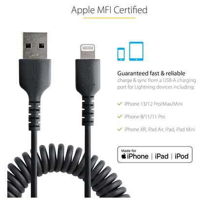 STARTECH.COM 50cm USB auf Lightning Kabel Spiralkabe MFi zertifiziert Schnellladekabel fr iPhone/iPad Schwarz USB 2.0 Kabel