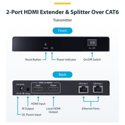 STARTECH.COM 2-Port HDMI Extender und Splitter uber CAT6 4K 60Hz bis 70m Lnge 1x2 HDMI uber Netzwerkkabel-LAN Kabel Verteilerkit