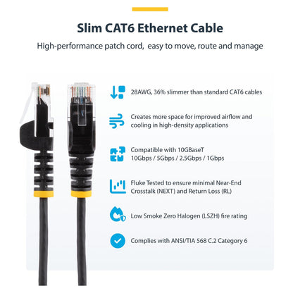 STARTECH.COM 25cm Schwarzes Slim CAT6-Netzwerkkabel 100W PoE Snagless RJ45 LSZH 28AWG Reines Kupfer Patchkabel-Ethernet Kabel