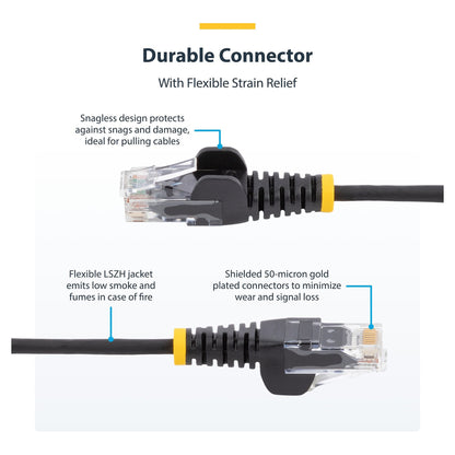 STARTECH.COM 25cm Schwarzes Slim CAT6-Netzwerkkabel 100W PoE Snagless RJ45 LSZH 28AWG Reines Kupfer Patchkabel-Ethernet Kabel