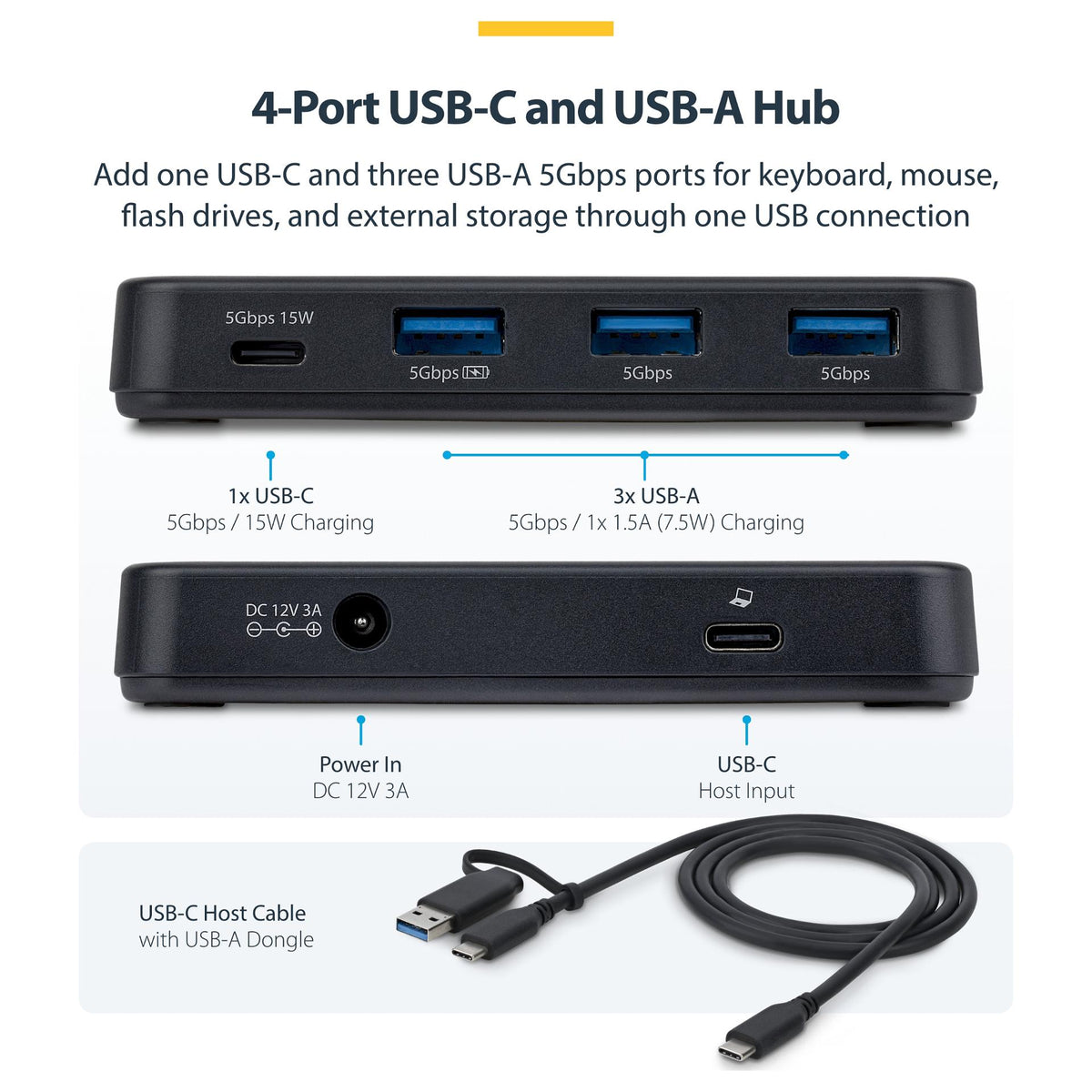 STARTECH.COM 4-Port USB-C und USB-A Hub 5Gbps Eigenstromversorgung 2-in-1 USB-C & USB-A Hostkabel 1x USB-C 3x USB-A 1x BC 1.2