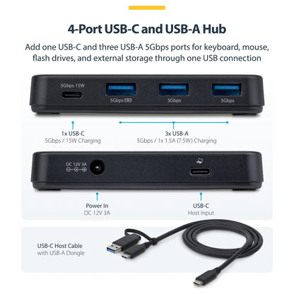 STARTECH.COM 4-Port USB-C und USB-A Hub 5Gbps Eigenstromversorgung 2-in-1 USB-C & USB-A Hostkabel 1x USB-C 3x USB-A 1x BC 1.2