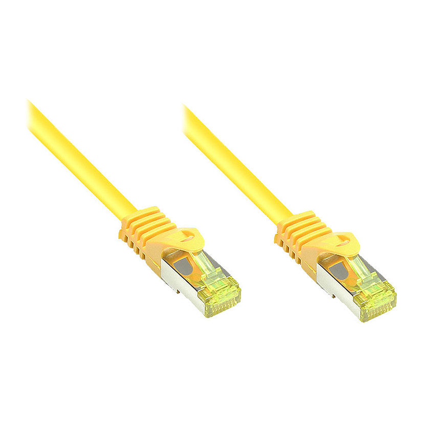 GoodConnections RJ45 Patchkabel mit Cat. 7 Rohkabel und Rastnasenschutz (), S/FTP, PiMF, halogenfrei, 500MHz, OFC, gelb, 15m,