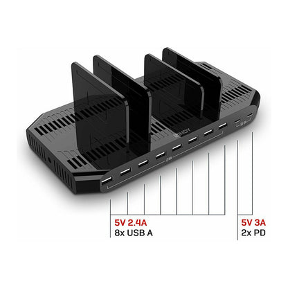 LINDY 10-Port USB-Ladestation 120W, 2xUSB-C 5V3A/8xUSB 2,4A