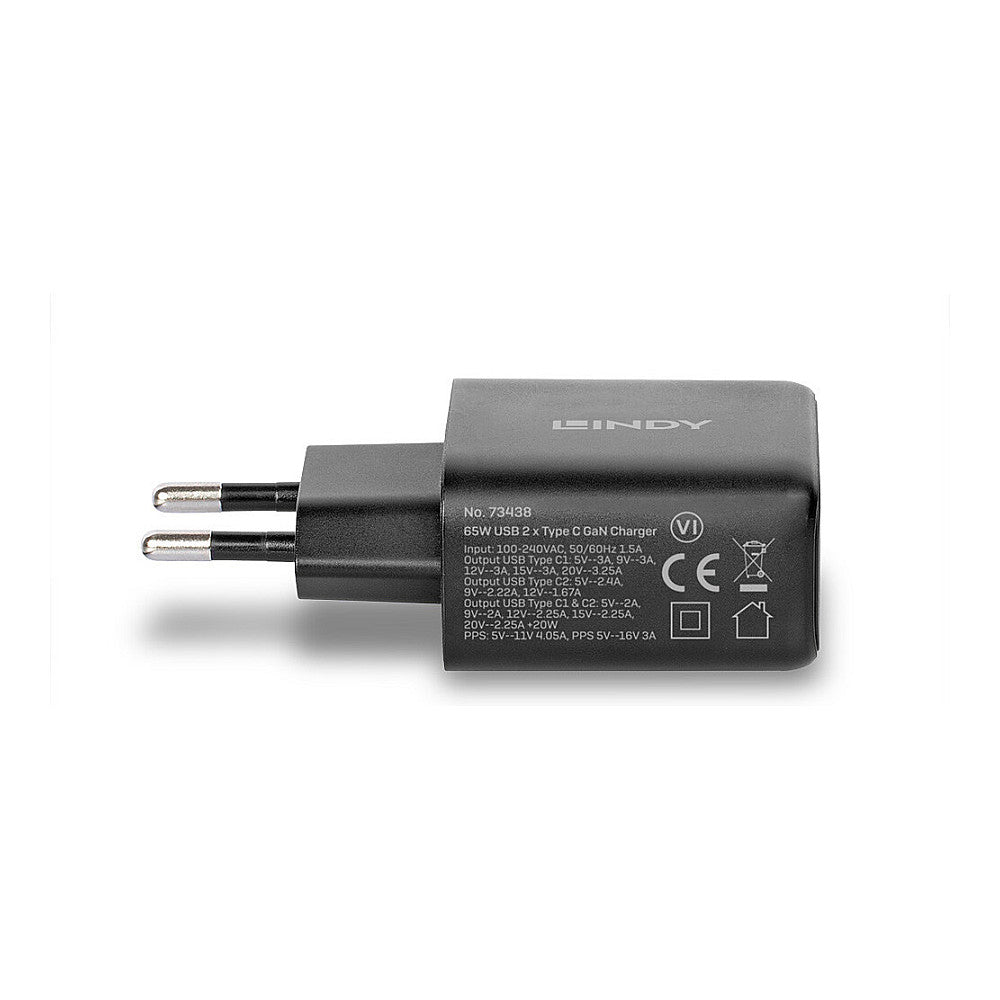 LINDY USB-C Ladegerät 2-Port GaN Charger 65W, schwarz