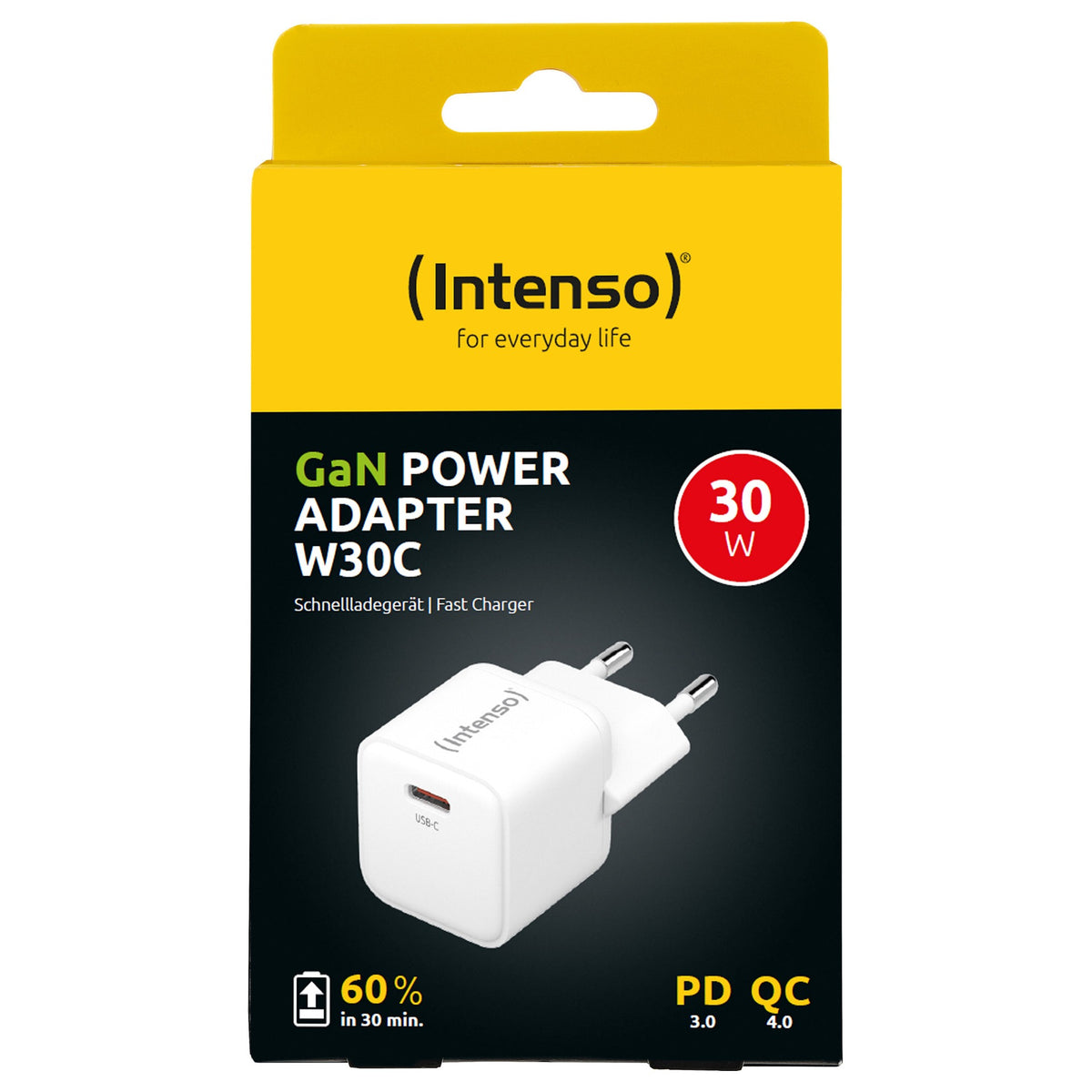 Intenso Netzteil Power Adapter W30C GaN, Anschluss: 1x USB-C Output: max. 30 Watt, GaN-Technologie, Weiß