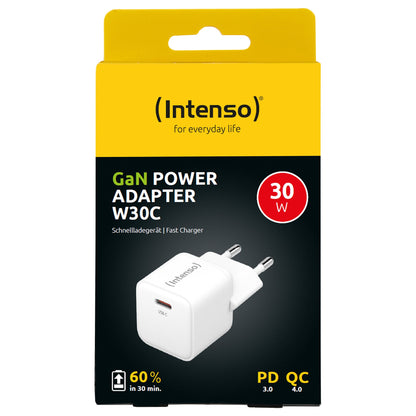 Intenso Netzteil Power Adapter W30C GaN, Anschluss: 1x USB-C Output: max. 30 Watt, GaN-Technologie, Weiß