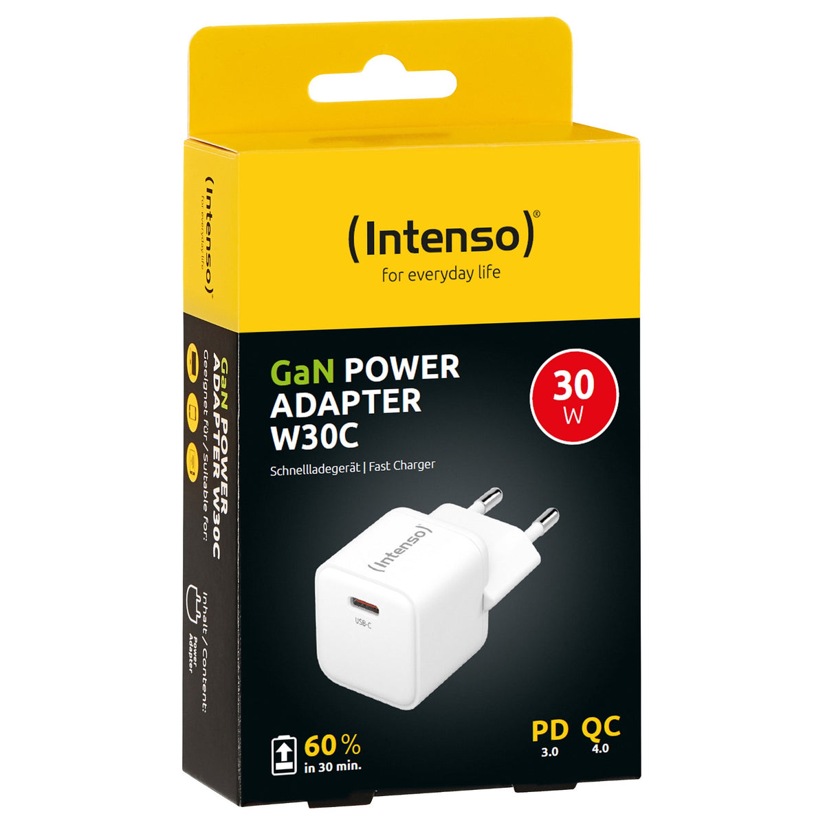 Intenso Netzteil Power Adapter W30C GaN, Anschluss: 1x USB-C Output: max. 30 Watt, GaN-Technologie, Weiß