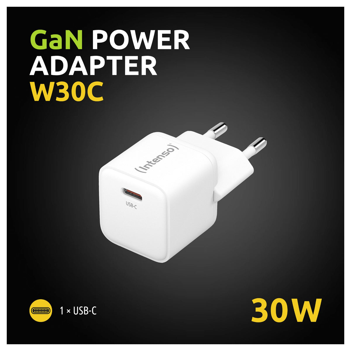 Intenso Netzteil Power Adapter W30C GaN, Anschluss: 1x USB-C Output: max. 30 Watt, GaN-Technologie, Weiß