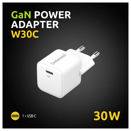 Intenso Netzteil Power Adapter W30C GaN, Anschluss: 1x USB-C Output: max. 30 Watt, GaN-Technologie, Weiß