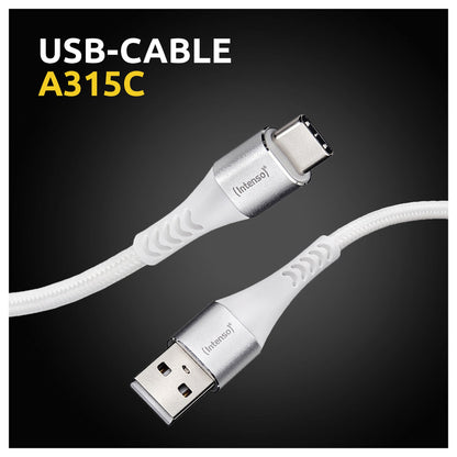 Intenso USB-Kabel A315C Nylon 1,5m weiß, USB-A und USB-C Anschluss, unterstützt Schnelladen (PD) bis 60W