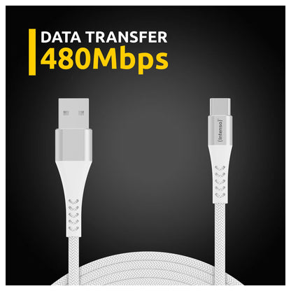 Intenso USB-Kabel A315C Nylon 1,5m weiß, USB-A und USB-C Anschluss, unterstützt Schnelladen (PD) bis 60W